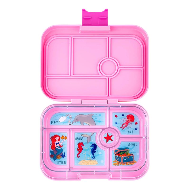 yumbox PPI202403M 6 compartment leakproof kids bento box in power pink mermaid lid open