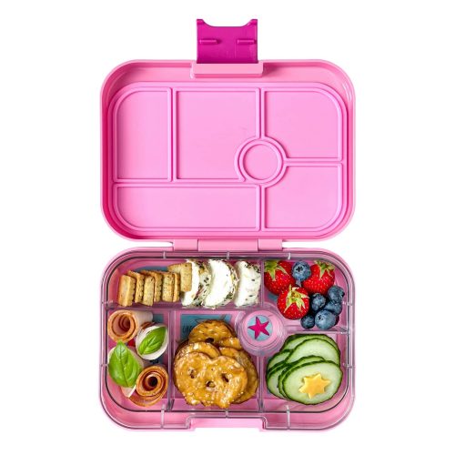 yumbox PPI202403M 6 compartment leakproof kids bento box in power pink mermaid lid open with food