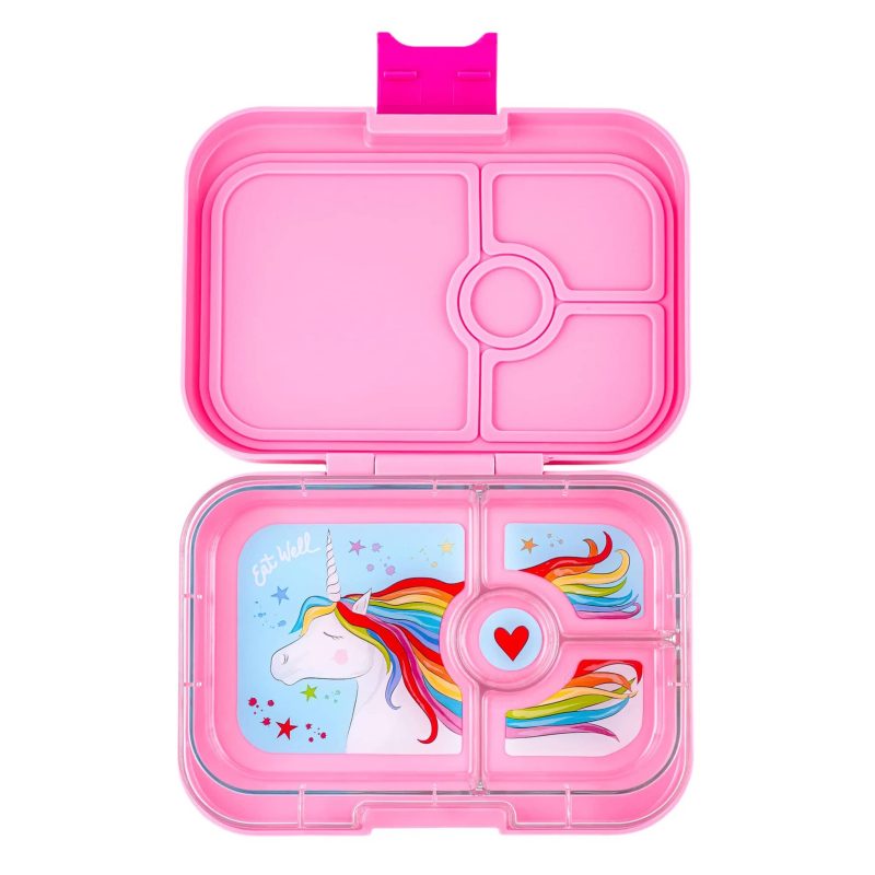 yumbox PPII202403U 4 compartment panino leakproof kids bento box in power pink unicorn lid open