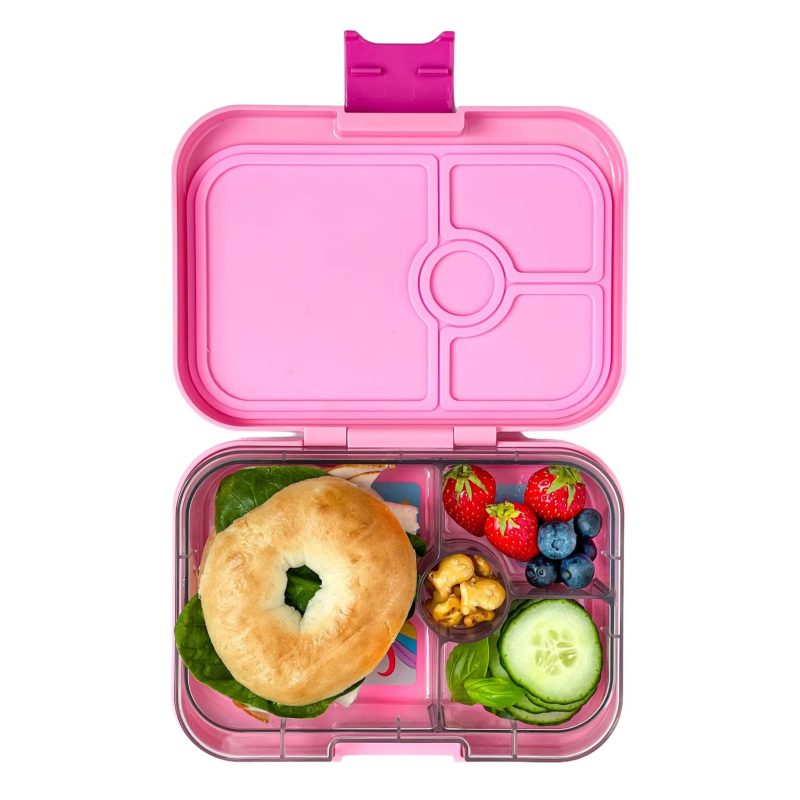 yumbox PPII202403U 4 compartment panino leakproof kids bento box in power pink unicorn lid open with food