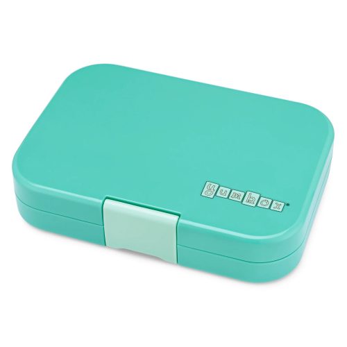 yumbox TAII202303N panino 4 compartment leakproof kids bento box in tropical aqua blue with panther tray lid closed