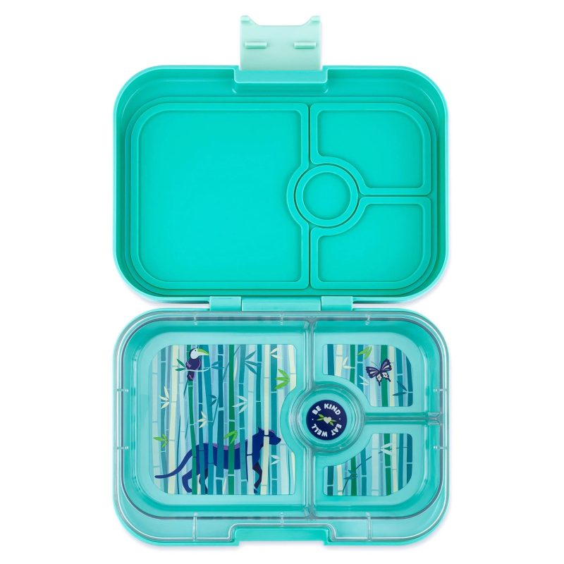 yumbox TAII202303N panino 4 compartment leakproof kids bento box in tropical aqua blue with panther tray lid open