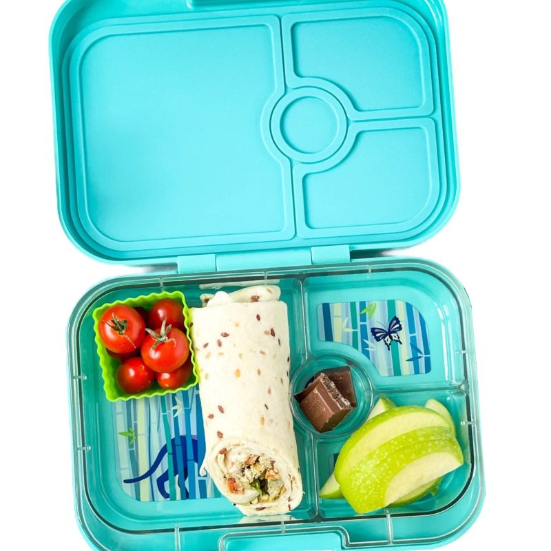 yumbox TAII202303N panino 4 compartment leakproof kids bento box in tropical aqua blue with panther tray lid open with food